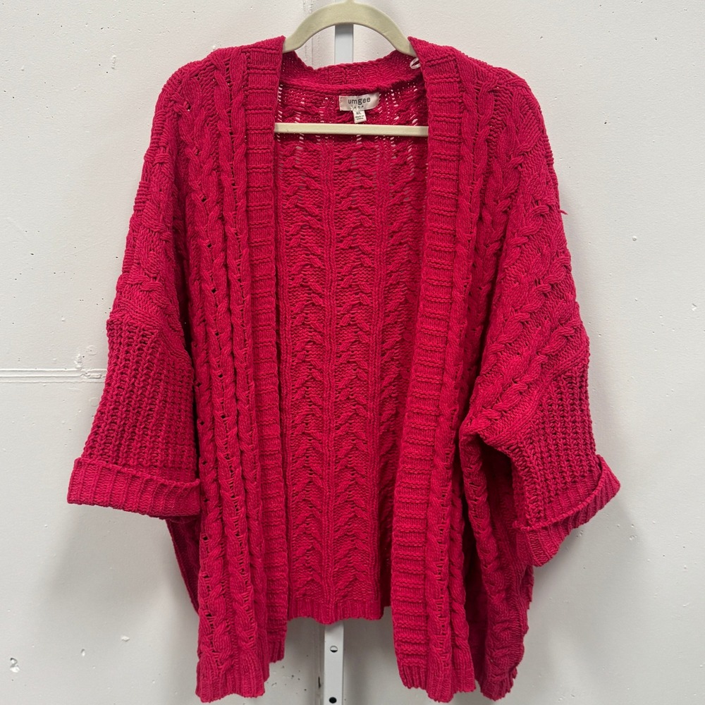 Umgee Magenta Pink Cable Knit Open Front Cardigan Sweater M/L Chunky Oversized